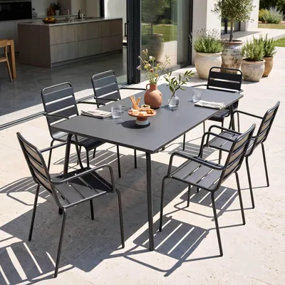 Image de Ensemble table de jardin et 6 fauteuils en métal gris - Oviala Palavas