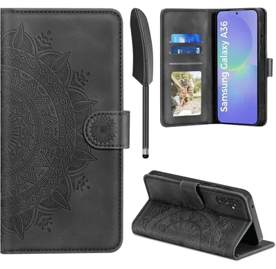 Zdjęcie produktu dla Etui z naturalnej skóry do telefonu Samsung Galaxy A36 5G Flip, typu portfel, z przegródką na karty i funkcją podstawki, kolor czarny
