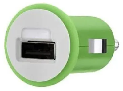 A close-up, studio shot of a green and white car charger with a USB port.