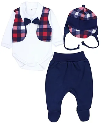Produktbild von TupTam Baby Kleidung Set Body Strampelhose Mütze Bekleidungsset Jungen Mädchen, Farbe: Dunkelblau / Fliege / Kariert, Größe: 56
