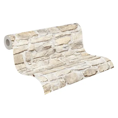 A roll of wallpaper with a stone pattern is shown on a white background.