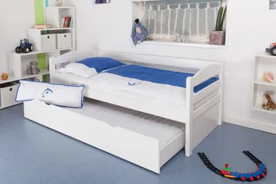 Produktbild von Kinderbett / Jugendbett "Easy Premium Line" K1/h/s inkl. 2. Liegeplatz und 2 Abdeckblenden, 90 x 200 cm Buche Vollholz massiv weiß lackiert