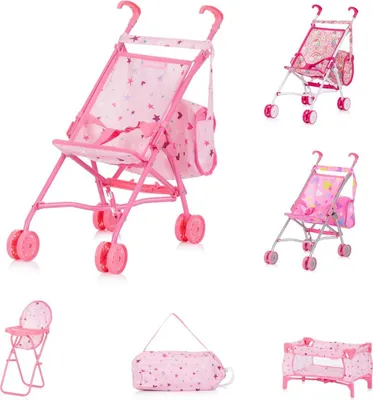 Produktbild von Chipolino Puppen-Zubehör-Set 3in1 Trixy Buggy Hochstuhl Tasche Laufstall faltbar rosa Sterne