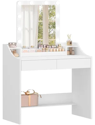 Image de Table de maquillage avec éclairage LED, miroir, 2 tiroirs, 3 compartiments, blanche, dimensions : 40 x 80 x 140 cm