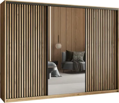 Produktbild von Masseno Schiebetürenschrank ORRA 250/205/60 cm Kleiderschrank mit Spiegel und Lamellen, 4 Schubladen Schlafzimmer Schrank 3-türig Eiche Wotan + Schwarz