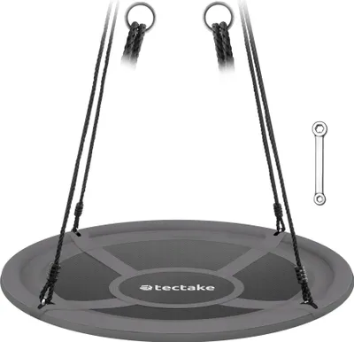 A product image of a round swing seat with ropes and hanging rings, along with a small wrench tool.
