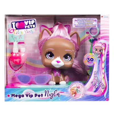 A toy styling head of a dog named Nyla, presented in its retail packaging.