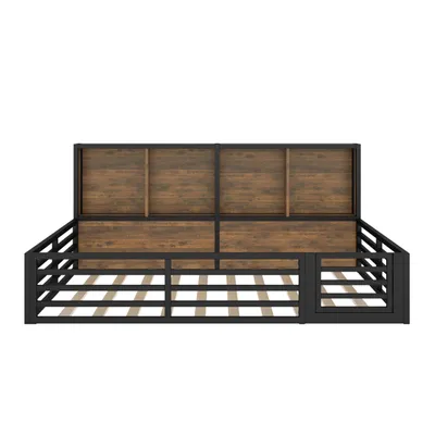 Produktbild von Flieks Kinderbett Doppelbett 140x200cm mit Regal und Tür, Bodenbett Metallbett mit Led, Kinderbett mit Lattenrost und Rausfallschutz, Schwarz