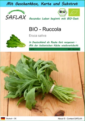 Produktbild von SAFLAX - Geschenk Set - BIO - Ruccola - 500 Samen - Mit Geschenk- / Versandbox, Versandaufkleber, Geschenkkarte und Anzuchtsubstrat - Eruca sativa