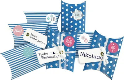 Produktbild von DIY Adventskalender Christkind zum Befüllen blau Sterne und Streifen,Ziffern pastell