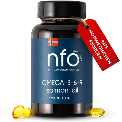 Produktbild von NFO Omega 3-6-9 Lachsöl Kapseln – Omega-3 Fettsäuren, EPA, DHA, DPA für Herz- und Gehirngesundheit  [120 Softgel-Kapseln]