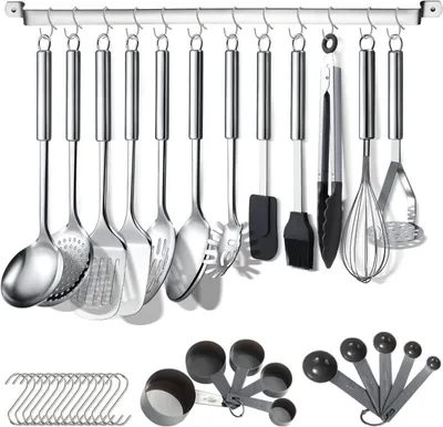 Produktbild von Küchenutensilien-Set, 38-teilig, Edelstahl-Kochgeschirrset, Küchenutensilien mit Utensilienhalter und Aufhängehaken, spülmaschinenfest
