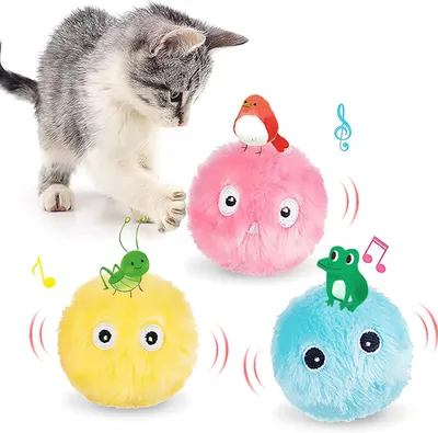 Produktbild von Interaktive Katzenspielzeug Bälle, 3 Farbige Plüschbälle mit Geräusch, Rosa, Blau, Gelb, für Innen
