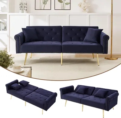 Produktbild von Modernes 2-Sitzer-Schlafsofa – Samtbezug, Rückenlehne mit 3-stufiger Verstellung & vergoldete Metallfüße Stilvolles Sofa mit Schlaffunktion – platzsparend, belastbar, ideal für kleine Räume