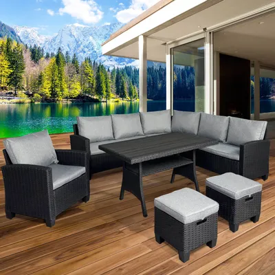 Produktbild von BRAST Gartenmöbel Set Hacienda   Schwarz/Grau   bis zu 10 Personen   inkl. Kissen & Abdeckung   Outdoor Loungemöbel Sitzgruppe Essgruppe Garnitur