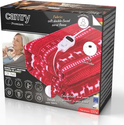 The image shows the packaging of a red and white patterned electric heated throw blanket with a woman in the background.