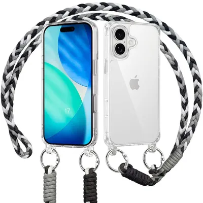 Image de Coque pour iPhone 17, Protection Rigide Slim Antichoc Transparent avec Cordon Noir Blanc