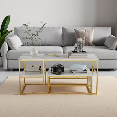 Produktbild von ProximaX 2er Set Couchtische Modern, Rechteckige & Beistelltisch, Nesting Tische mit Marmor Optik, Wohnzimmer Sofatisch, Stapelbare Wohnzimmertische