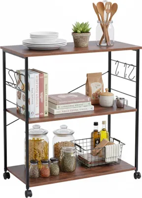 Immagine prodotto di Carrello da cucina Relaxdays, 3 ripiani, 6 ganci a S, cucina, carrello di servizio, A x L x P: 87 x 80 x 40 cm, MDF e ferro, marrone/nero