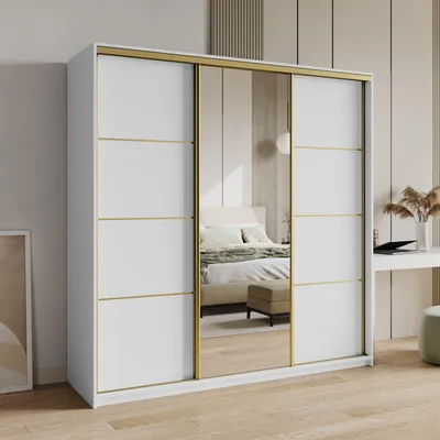 Produktbild von Masseno Schiebetürenschrank VARO 180/205/60 cm Kleiderschrank mit 4 Schubladen Schlafzimmer Schrank 3-türig mit Spiegel Weiß