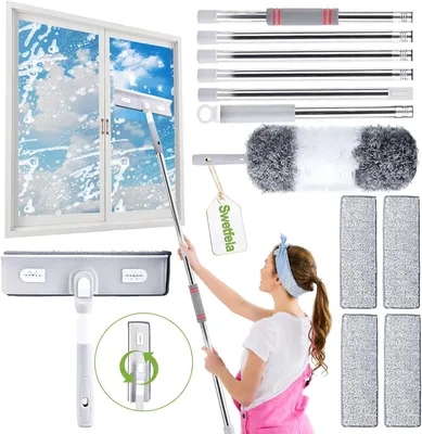 Produktbild von Glasreiniger 4-in-1, Teleskopstange Bis 275 cm, Mit 4 Mikrofasertüchern Und Staubwedel