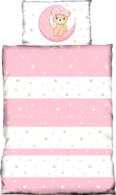A baby bedding set with a pillow and duvet cover, featuring a pink and white striped pattern with small stars and a teddy bear on the pillow.