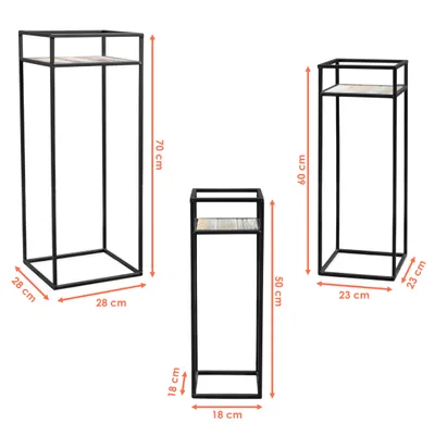 Obrázek produktu pro 3.06 Sada 3 stojanů na rostliny Granny - 70 / 60 / 50 cm - kovový stolek s dřevěnou deskou