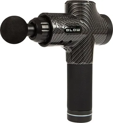 A massage gun with a carbon fiber pattern.