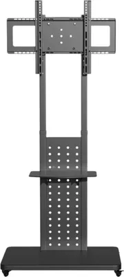 Zdjęcie produktu dla Regulowany stojak podłogowy pod telewizor Vaylen 32–65" – regulacja wysokości 130–160 cm – obrót w pionie – z półką – czarny – na kółkach