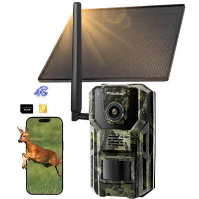 Obrázek produktu pro Usogood 4G LTE kamera pro pozorování divoké zvěře se SIM kartou Solar, 2K video kamera pro pozorování divoké zvěře s aplikací pro přenos do mobilního telefonu, GPS, 32 GB paměťová karta