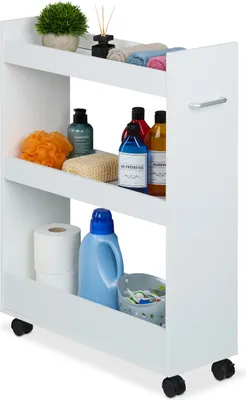 Obrázek produktu pro Relaxdays Nika, 3 přihrádky, VxŠxH: 78 x 21,5 x 63 cm, do koupelny a kuchyně, MDF, úzký pojízdný vozík, s madlem, bílý