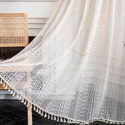 Produktbild von Famanu Vorhangset 2 Stück Vintage Boho Baumwollvorhänge mit Quasten - Beige 150 x 160 cm