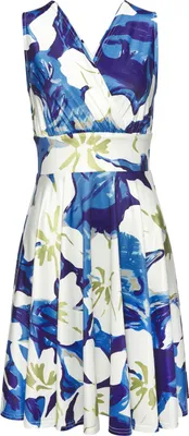 Produktbild von VIVANCE Jerseykleid in Wickeloptik mit Blumendruck aus bügelfreier Ware blau-grün-creme bedruckt Größe 38