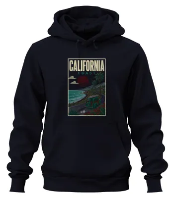 Zdjęcie produktu dla Bluza z kapturem "California Coast Surfing Roadtrip Vintage West Coast", kolor granatowy, rozmiar XL