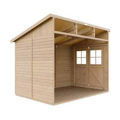 Zdjęcie produktu dla Drewniana szopa ogrodowa (bez ściany bocznej) Z IMPREGNOWANĄ PODŁOGĄ - Pomieszczenie magazynowe z oknami - H244x211x318 cm/6,02 m2 - TIMBELA M339+M339G