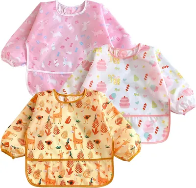 Imagen del producto de Paquete de 3 baberos con mangas para niñas, marca PandaEar, impermeables, para bebés y niños pequeños, de 6 a 12-24 meses