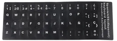 Obrázek produktu pro Nálepky na klávesnici, španělština, voděodolné, černé pozadí, pro 10 až 17palcové notebooky, notebooky, stolní počítače