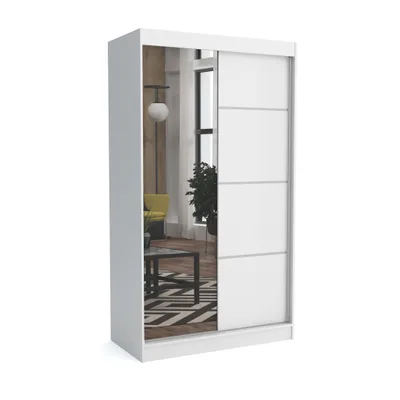 A white wardrobe with mirrored doors is shown against a white background. The reflection in the mirror shows a room interior with a yellow chair and a patterned rug.