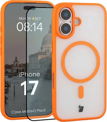 Produktbild von Schutzhülle mit Magnetring + gehärtetem Glas für iPhone 17, Bizon MatteO Pack, Getönt-Orange
