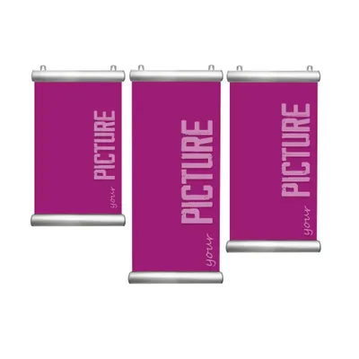 Three purple poster rails with silver ends are displayed against a white background.