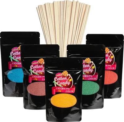 Produktbild von Zuckerwatte Zucker Set 5 x 200g Premium Aroma Zucker + 50 Stäbe Farbzucker für Zuckerwatte