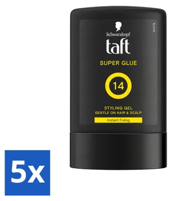 Immagine prodotto di 5 confezioni di gel super adesivo Taft Men Power, formato grande (300 ml), per una tenuta estrema. Offerta speciale
