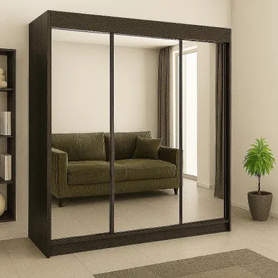 Zdjęcie produktu dla Szafa 3-drzwiowa przesuwna RIO-1 180x215cm wenge – fronty z luster, w zestawie półki, drążki, funkcjonalność i styl jednym