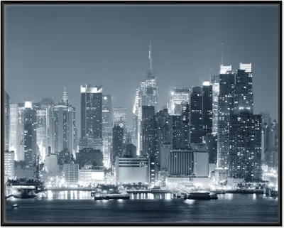Produktbild von Wallario Wandbild New York Skyline - Schwarz Weiß Blau, Größe: 40,30 x 50,30 cm, Poster mit schwarzem Aluminiumrahmen