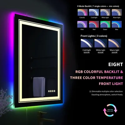 Zdjęcie produktu dla Lustro do łazienki - Lustro z oświetleniem - Lustro antyfogowe - Lustro z czujnikiem dotykowym - Lustro z podświetleniem RGB