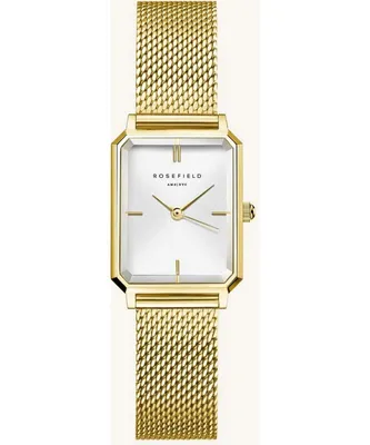 A gold Rosefield watch with a white face and a mesh band, photographed against a white background.
