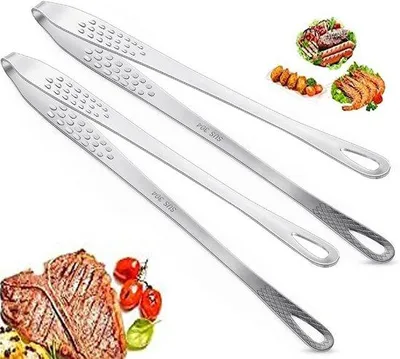 Obrázek produktu pro Sada Unyqoos®: 2 multifunkční nerezové kleště (nerezová ocel 201) – dlouhé, protiskluzové rukojeti, odolné proti korozi, vhodné pro grilování i vaření, stříbrné