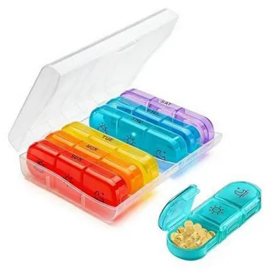 Zdjęcie produktu dla Pudełko na tabletki na tydzień, 7 dni, 3 przegródki na dzień, szczelne, wytrzymałe, bezpieczne dla kontaktu z żywnością, wolne od BPA