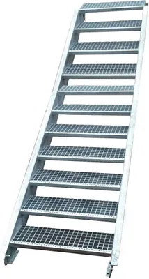 Produktbild von Tailor Made Metal Wangentreppe Stahl S 235, feuerverzinkt DIN EN ISO 1461. Geschosshöhe 165-220cm, 11 Gitterroststufen 70x24cm. Wangenlänge 330cm, U-Profil 50x215x30x5mm. Robust, langlebig, einfache Montage. Inkl. Befestigungsmaterial. Garten, Gewerbe, Industrie, Außenaufgang.
