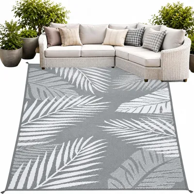 Produktbild von Outdoor Teppich 160x230 Wasserdicht - Balkon Terrasse Wendbar - Grau Blättermuster